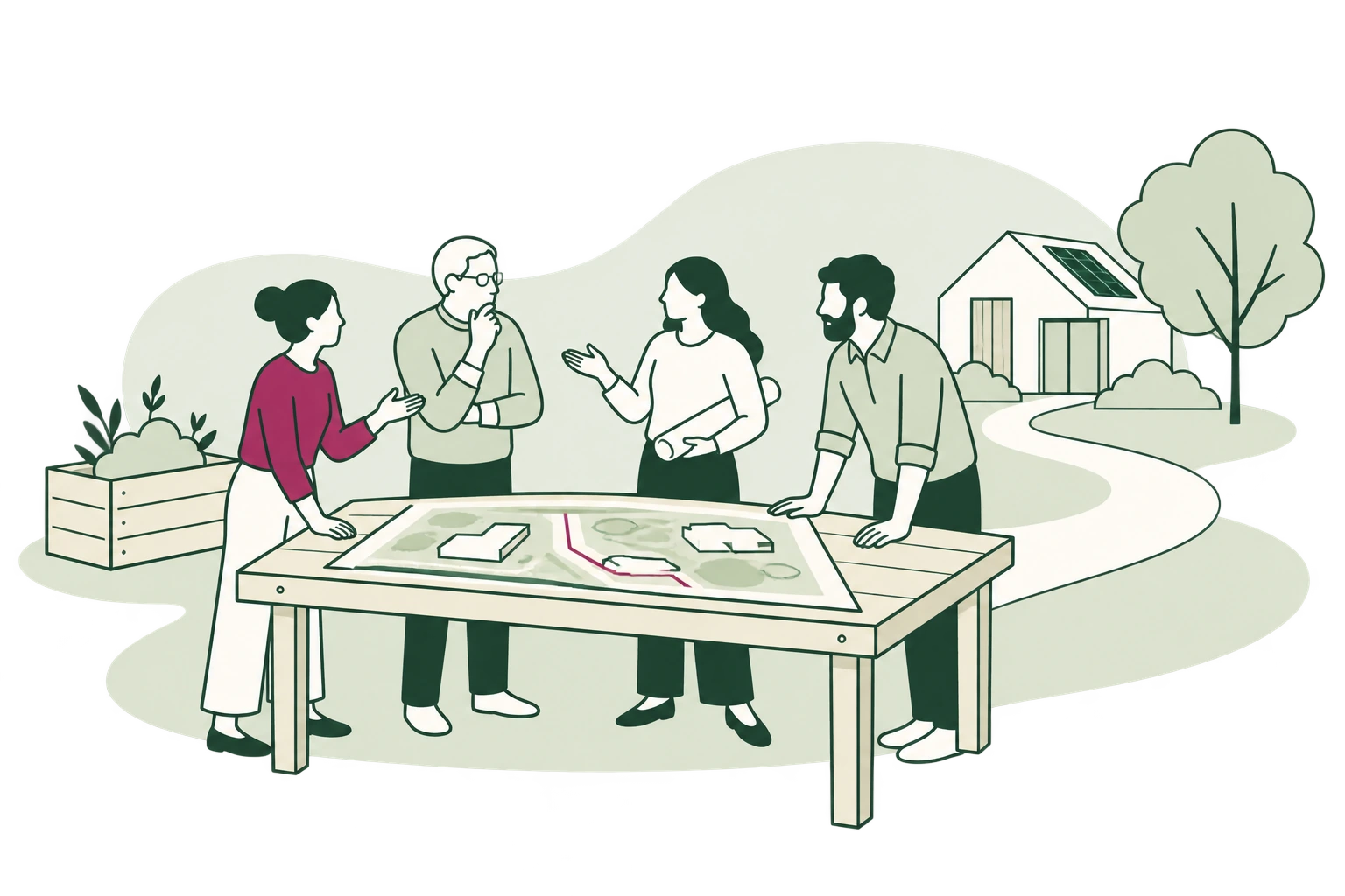 Four people discussing a shared neighbourhood plan, with an existing building and green public space in the background
