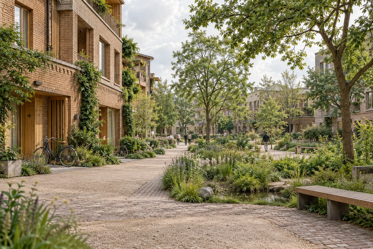 An illustrative green public space between Dutch residential buildings